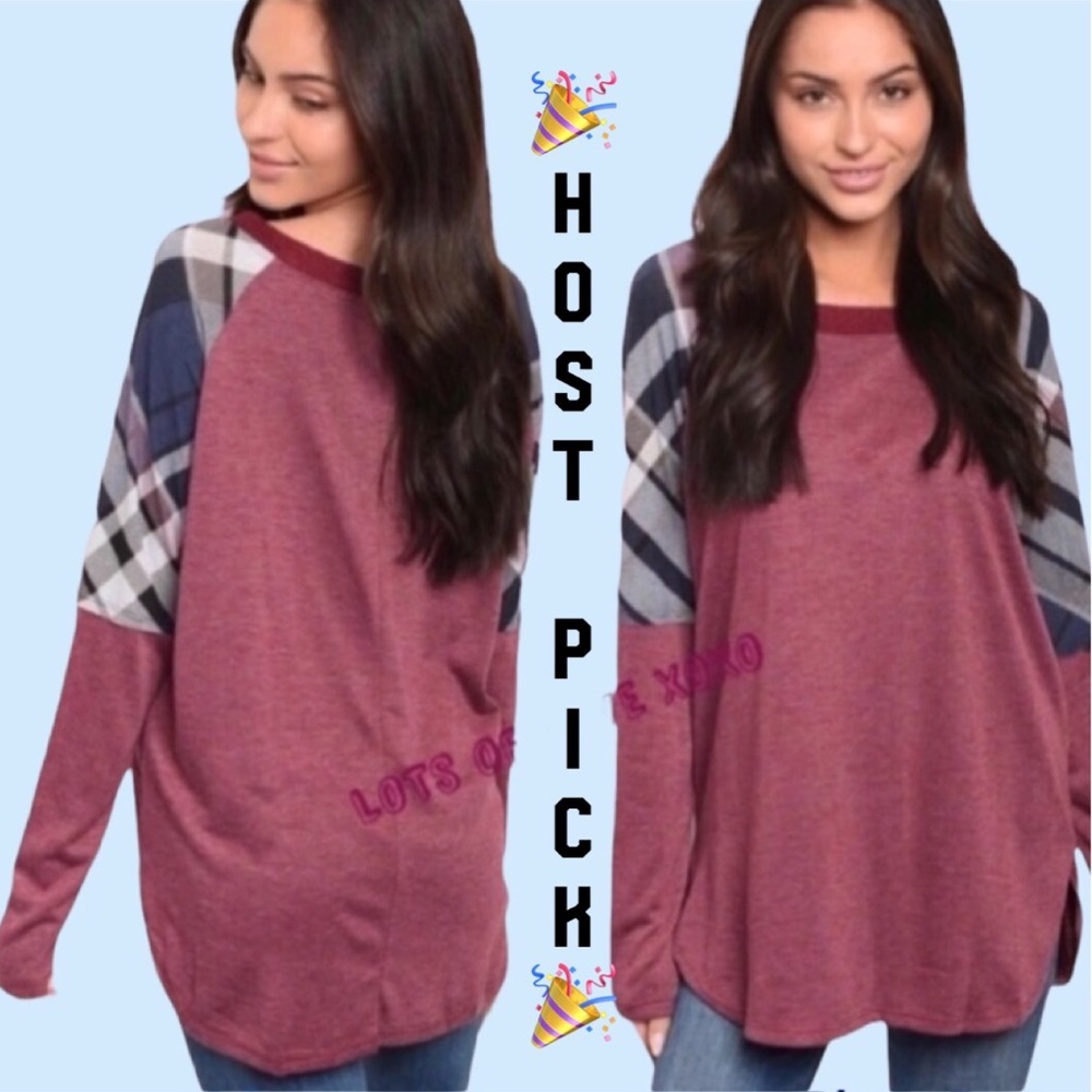 ❌DONATED❌Burgundy Plaid Insert Detail Loose Fit Long Sleeve Top - Picture 1 of 11